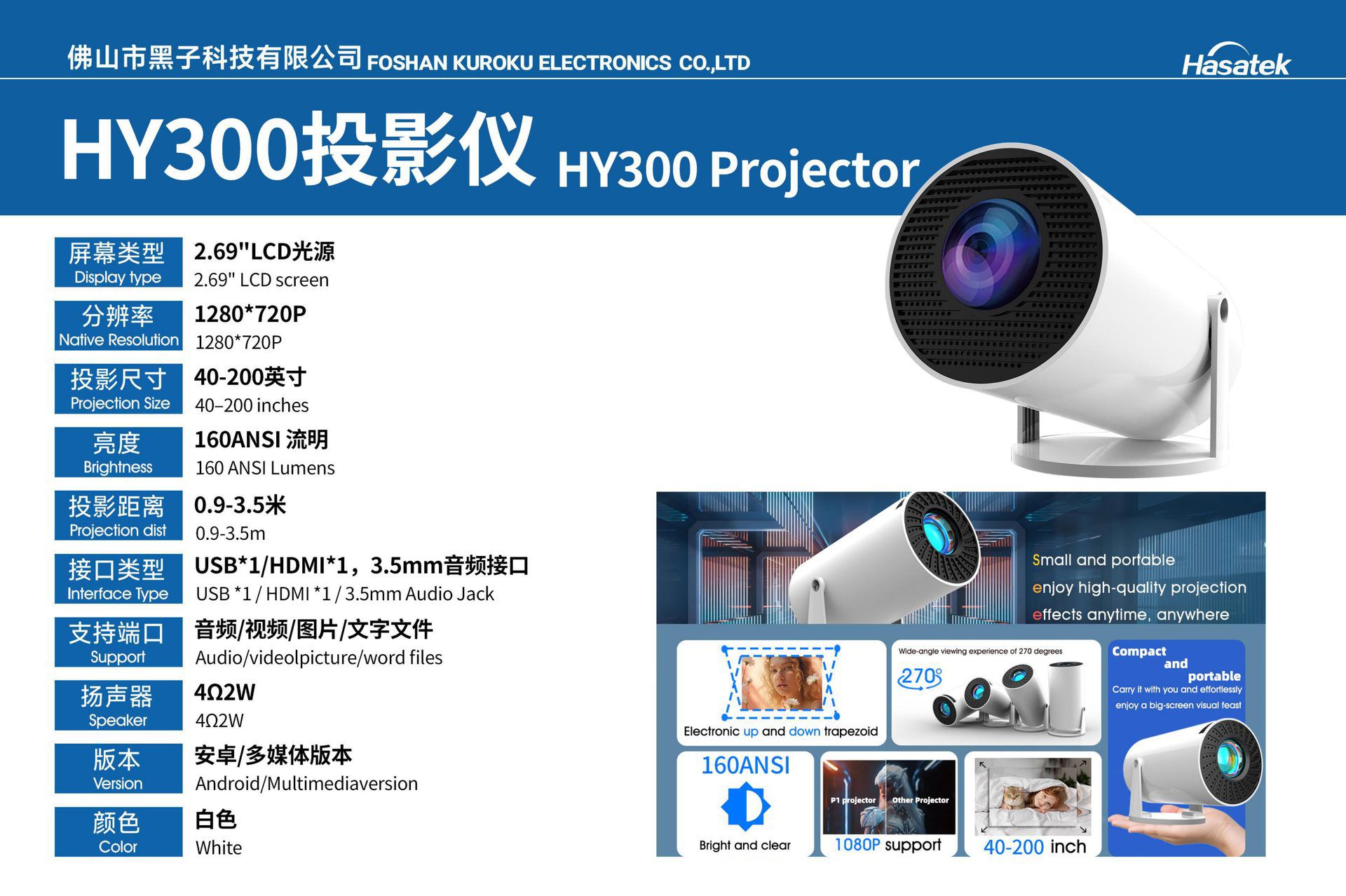 HY300 Projector, including product introduction and specifications