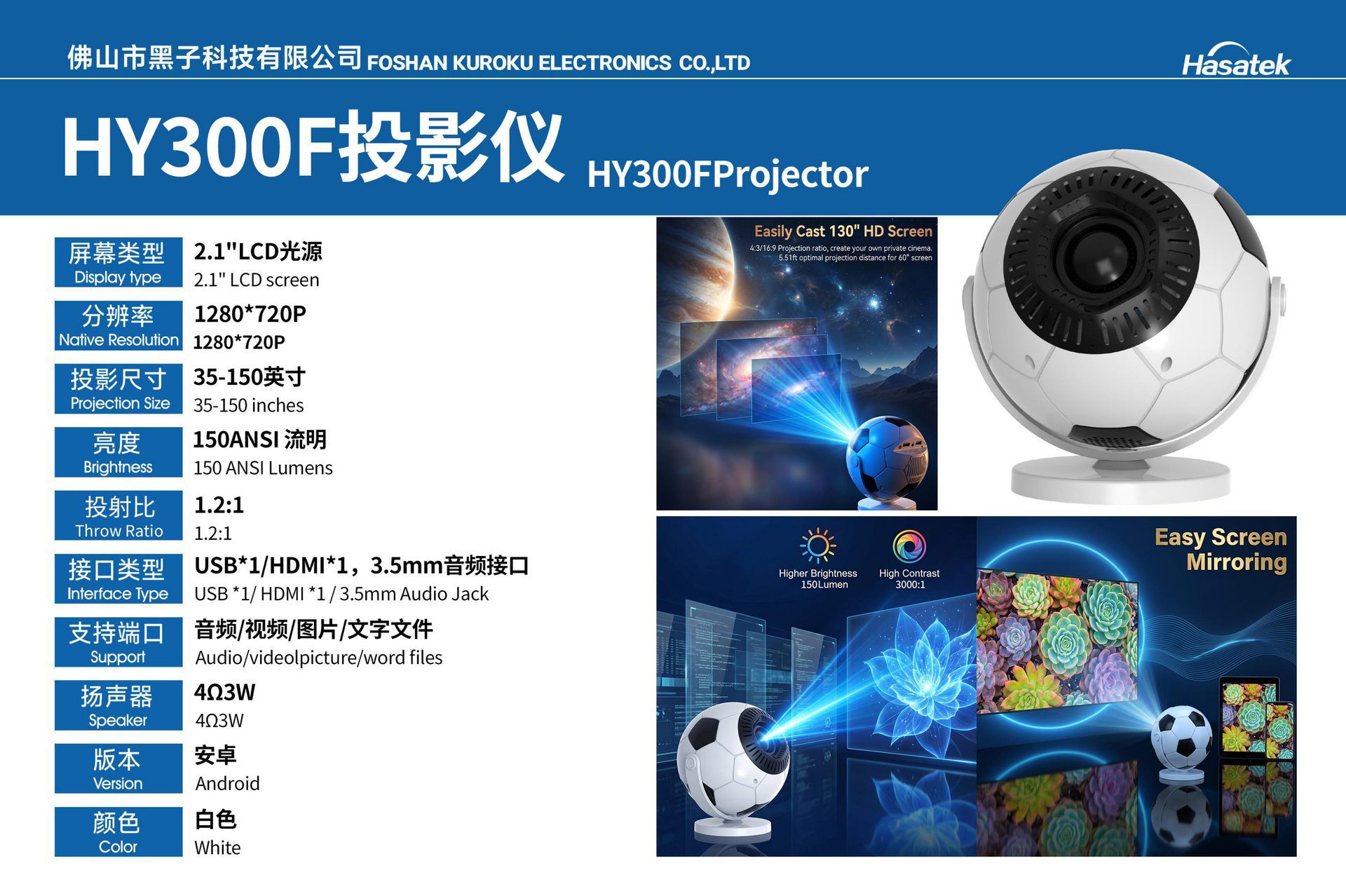 HY300F Projector, including product introduction and specifications
